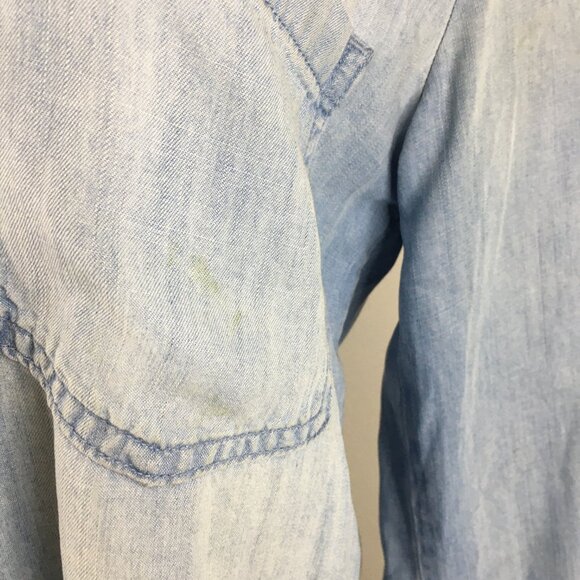 CLOTH & STONE Anthropologie Blue High Low Fringe Hem Chambray Button Shirt Dress - Picture 12 of 16